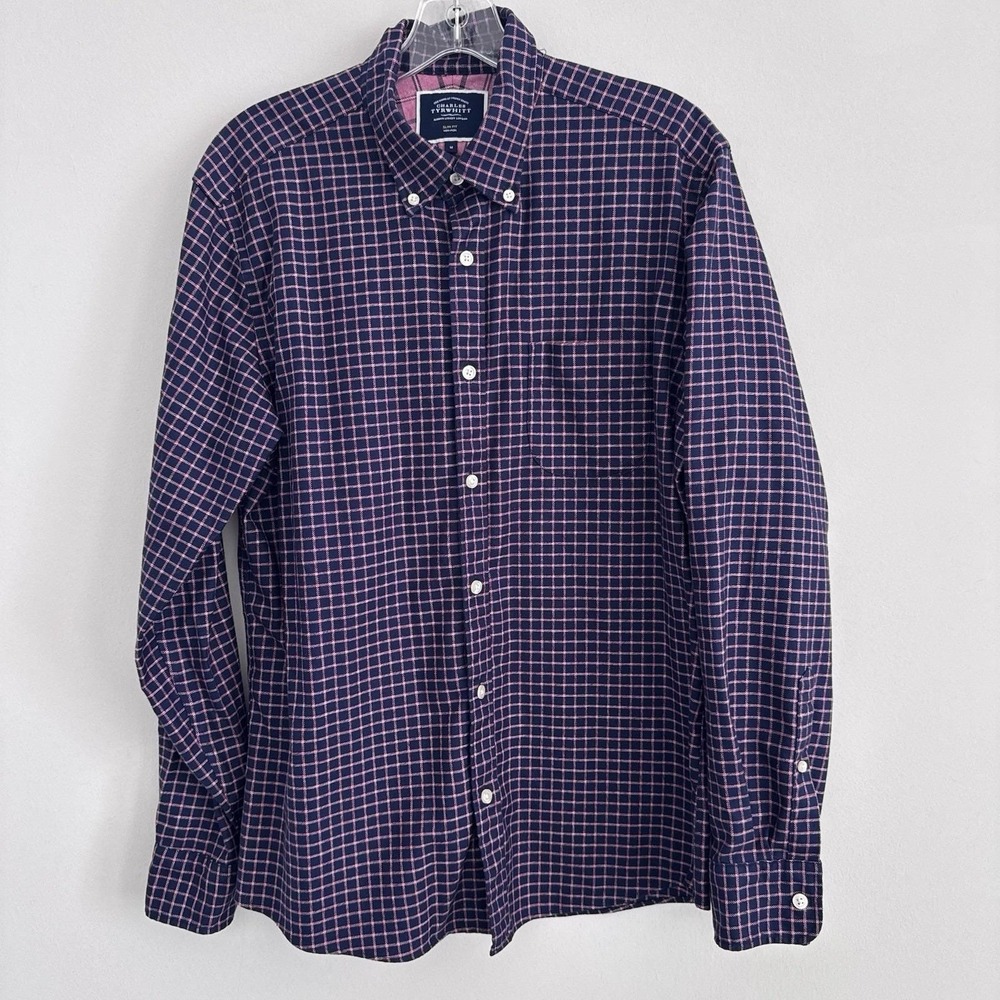 Charles Tyrwhitt Slim Fit Non-Iron Shirt Mens M Blue Pink Check Cotton